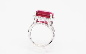 18k White Gold 9ct Emerald Cut Pink Tourmaline & Round Diamond Cluster Ring-459