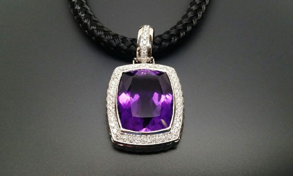 Custom 14k White Gold 34.27ct Antique Cushion Amethyst & Round Diamond Pendant-472