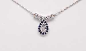 Custom 14k White Gold Pear Shaped Diamond & Sapphire Gemstone Necklace.-0