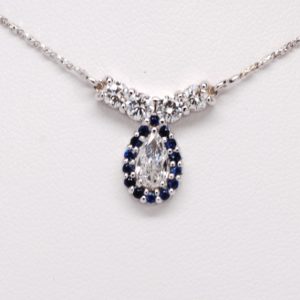 Custom 14k White Gold Pear Shaped Diamond & Sapphire Gemstone Necklace.-0