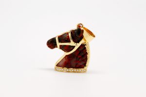 Custom 14k Yellow Gold Carved Gemstone Horse Pendant With Diamonds-429