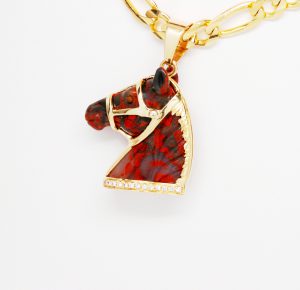 Custom 14k Yellow Gold Carved Gemstone Horse Pendant With Diamonds-432