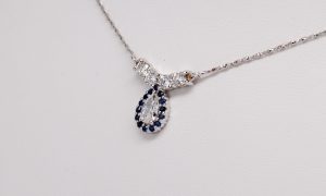 Custom 14k White Gold Pear Shaped Diamond & Sapphire Gemstone Necklace.-469