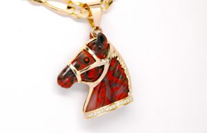 Custom 14k Yellow Gold Carved Gemstone Horse Pendant With Diamonds-0
