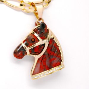 Custom 14k Yellow Gold Carved Gemstone Horse Pendant With Diamonds-0