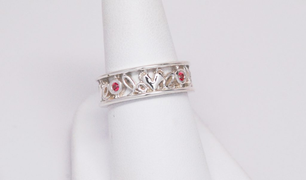 Custom Mother's Sterling Silver Baby Feet Love Gemstone Eternity Band With Hearts-0