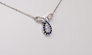 Custom 14k White Gold Pear Shaped Diamond & Sapphire Gemstone Necklace.-468