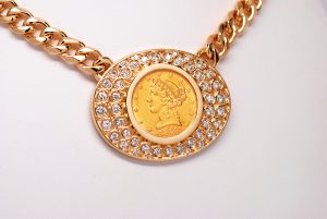 14k Yellow Gold Diamond & $5 Gold Liberty Coin Pendant W/ Curb Necklace Chain-486