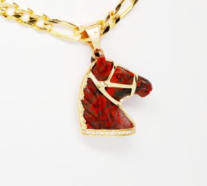 Custom 14k Yellow Gold Carved Gemstone Horse Pendant With Diamonds-430