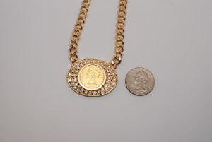 14k Yellow Gold Diamond & $5 Gold Liberty Coin Pendant W/ Curb Necklace Chain-487
