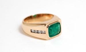 Men's Custom 14k Yellow Gold Emerald & Round Diamond Ring-568