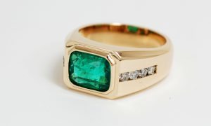 Men's Custom 14k Yellow Gold Emerald & Round Diamond Ring-567
