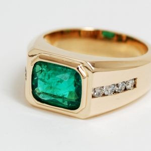 Men's Custom 14k Yellow Gold Emerald & Round Diamond Ring-0