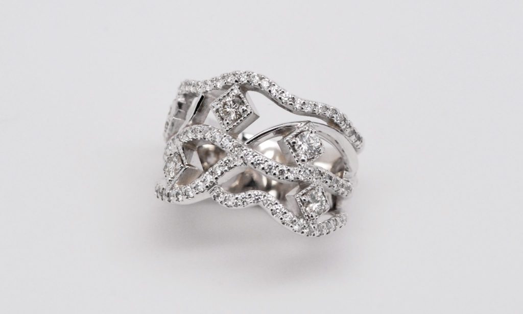 Custom 14k White Gold Free Form Wave Design Diamond Band-498