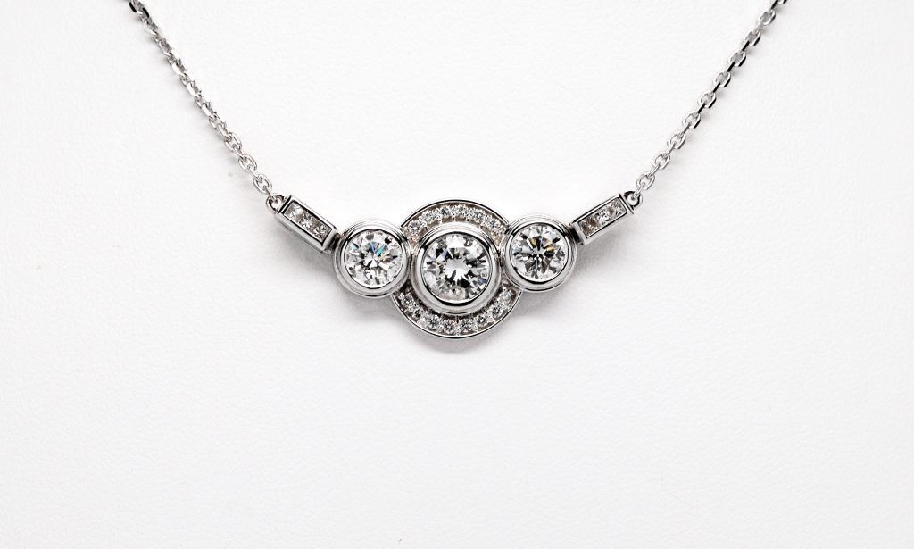 Custom 14k White Gold 3-Diamond Halo Pendant W/ Princess Cut Diamonds-0