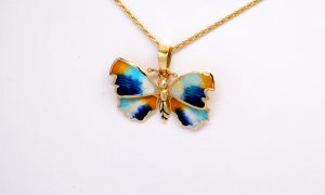 14k Yellow Gold Light & Dark Blue, White & Yellow Enamel Butterfly Pendant-0