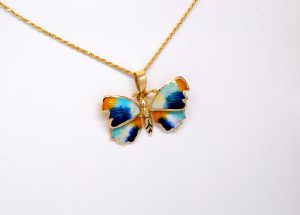 14k Yellow Gold Light & Dark Blue, White & Yellow Enamel Butterfly Pendant-721