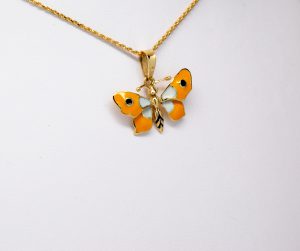 14k Yellow Gold Black, White & Yellow Enamel Butterfly Pendant-723