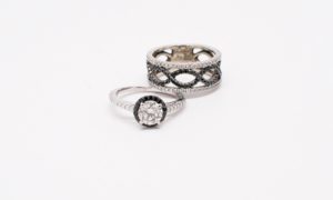 Custom Black Diamond Halo Engagement Ring & Band