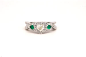 Heart Shaped Diamond & Emerald Engagement Ring