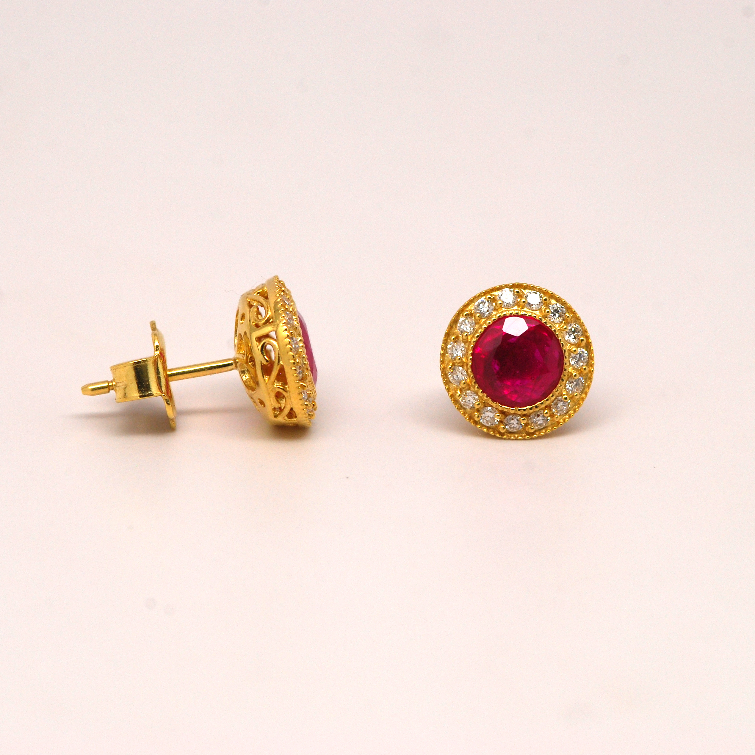 2ctw Round Ruby Diamond Halo Stud Earrings 18k Yellow Gold - Kappy's