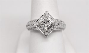 Sideways Princess Cut Baguette Round Diamond Engagement Ring 14k White Gold