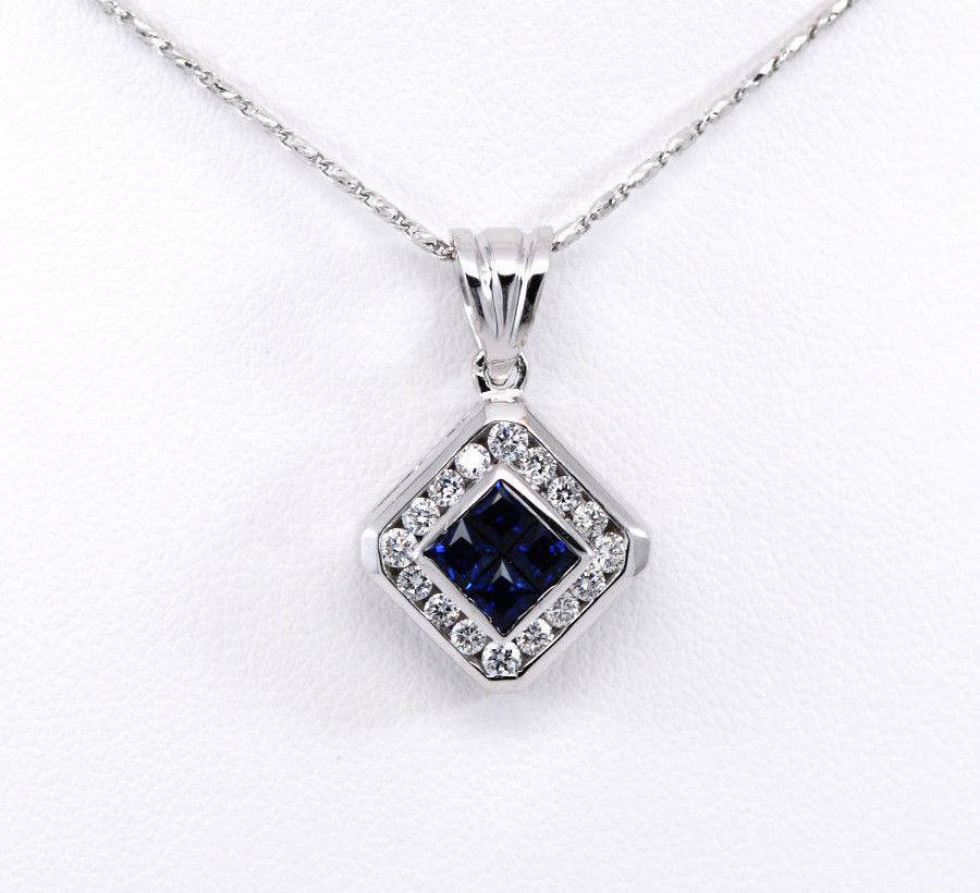 Natural Sapphire Round Diamond Charm Pendant 18k White Gold - Natural Sapphire Diamond Pendant Natural Sapphire Round Diamond Charm Pendant 18k White Gold - Natural Sapphire Diamond Pendant