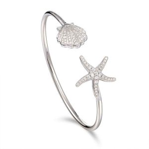 Starfish Seashell Bangle Bracelet Sterling Silver