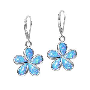 Synthetic Fiery Blue-Green Opal Flower Earrings Sterling Silver
