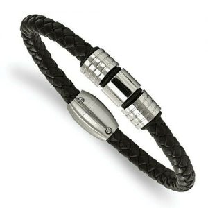 Braid Leather Bracelet Stainless Steel