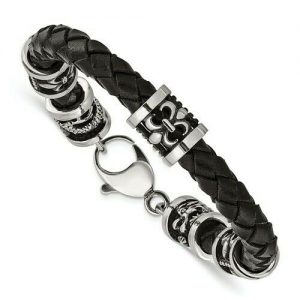 Black Leather Bracelet With Dragons Stainless Steel