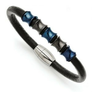 Leather Bracelet Black And Blue Stainless Steel