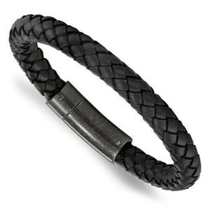 Braided Black Leather Bracelet Stainless Steel