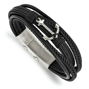 Anchor Bracelet Black Leather Stainless Steel