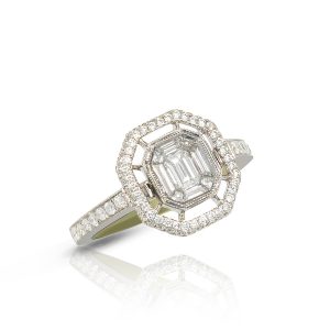 Baguette Diamond Halo Ring 18k White Gold