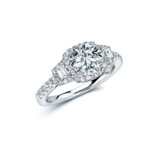 3-Stone Diamond Halo Ring Setting 14k White Gold