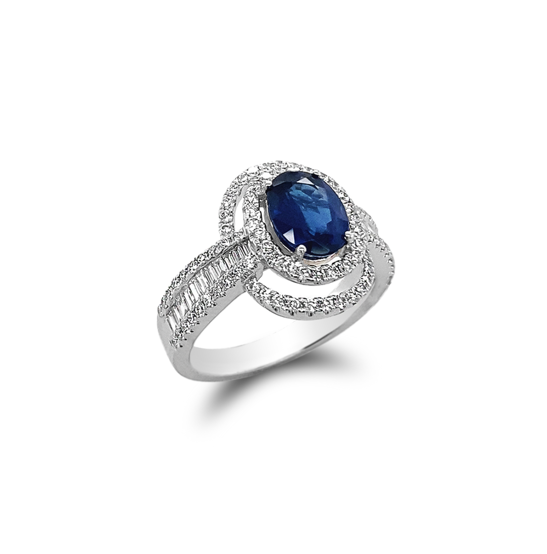 1 3/5ct Sapphire Halo Ring Diamonds 18k White Gold