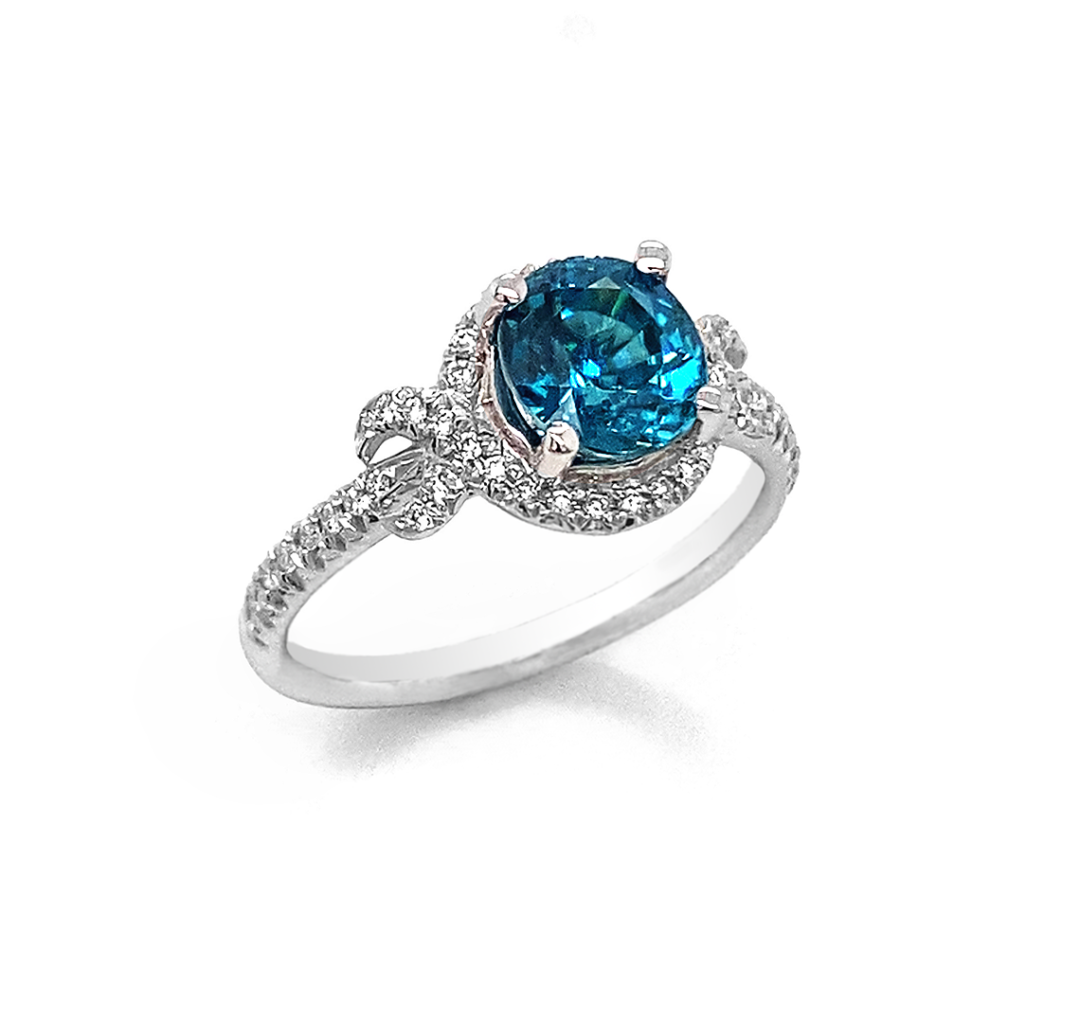 Blue Zircon Ring With Diamonds 14k White Gold