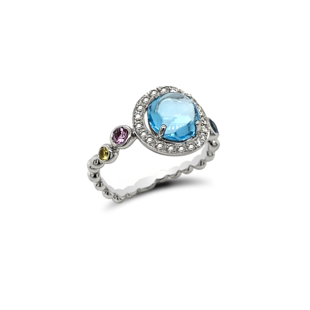 Blue Topaz Ring - Diamonds, Gemstones 14k white Gold