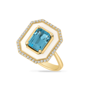 Blue Topaz Ring w/ Diamonds, Enamel 14k Yellow Gold