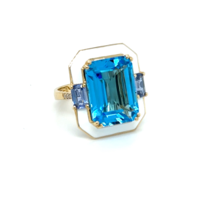 Blue Topaz Ring With Enamel, Sapphires 14k Yellow Gold