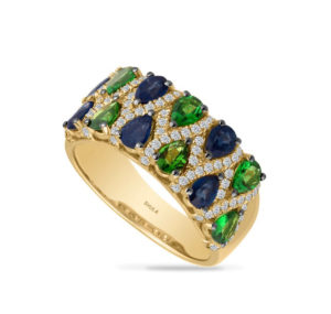 Sapphire Ring w/ Tsavorite Garnet, Diamonds 14k Yellow Gold