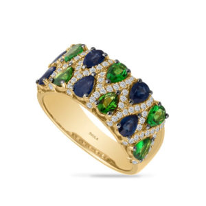 Sapphire Ring w/ Tsavorite Garnet, Diamonds 14k Yellow Gold