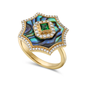 Elegant abalone ring featuring a green garnet and diamonds, set in 14k yellow gold. The iridescent abalone shell showcases vibrant colors, complemented by the sparkling diamonds and rich green hue of the garnet.