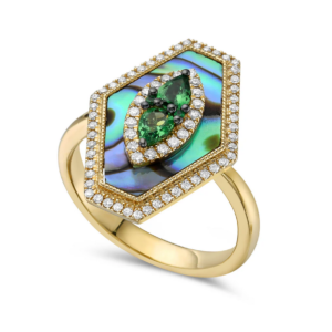 Vintage-inspired abalone ring featuring two pear-shaped tsavorite garnets at the center, surrounded by round diamonds and a striking abalone backdrop, all set in 14k yellow gold.