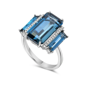 Elegant 3-stone ring featuring London blue topaz and two side gemstones, separated by pave-set diamonds, crafted in 14k white gold.