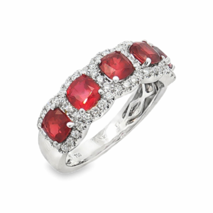 Vivid Red 5-Stone Ruby Ring With Diamonds 18k White Gold